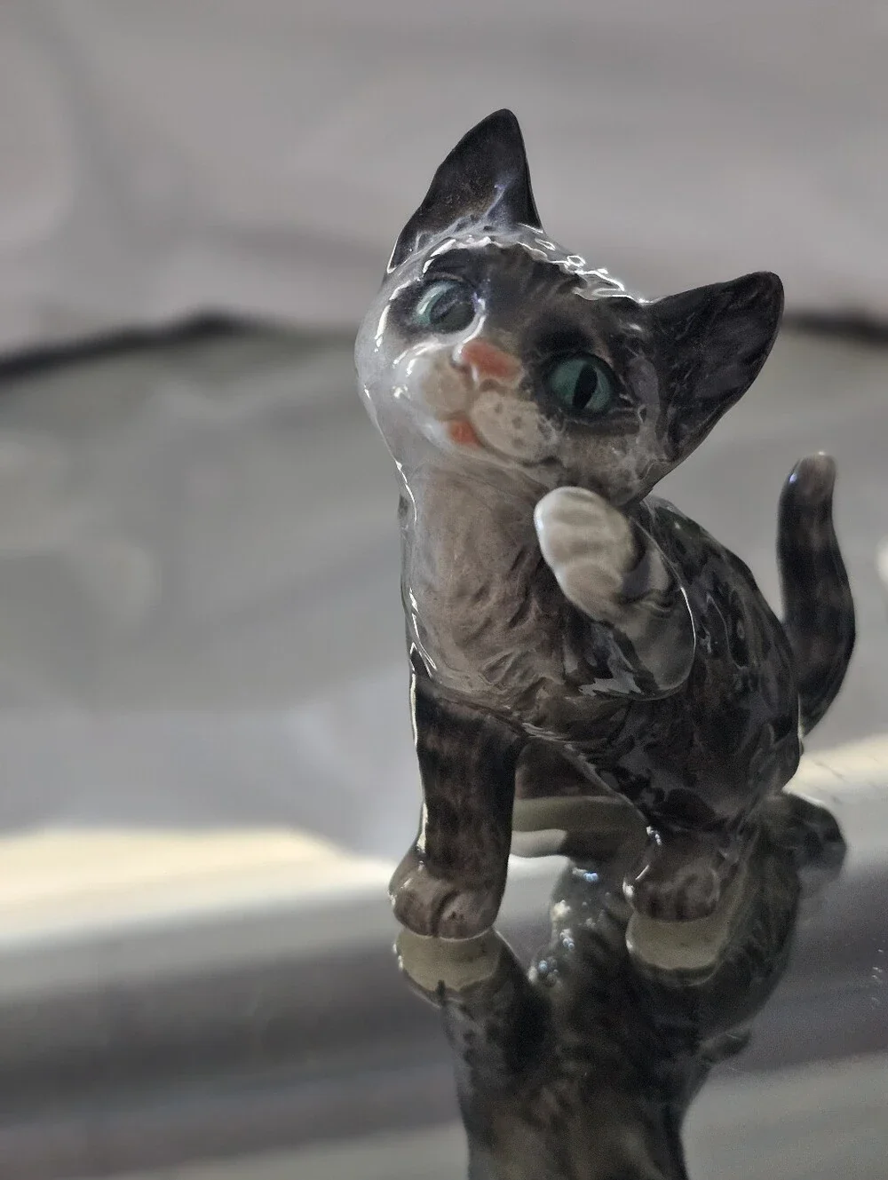 Vintage Goebel West Germany Glazed Gray Tabby Cat Figurine with Blue-Green Eyes